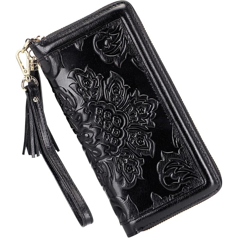 🆕Women's Black Leather Wallets For Floral Wristlet Wallet Card Holder Purse